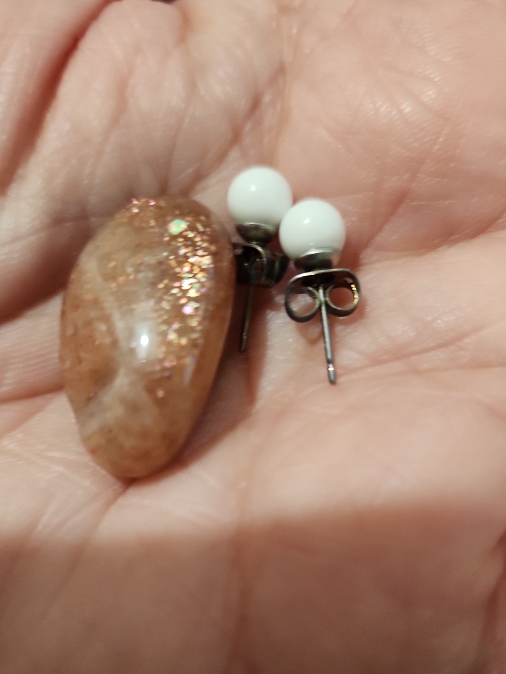 BUNDLE ITEM!!! White Sphere Stud Earrings and a Fake Resin and Glitter Sunstone